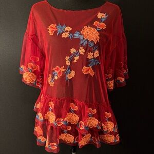 Zara Red Mesh Tunic with Orange & Blue Floral Embroidery